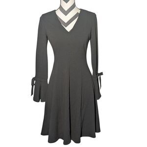 Calvin Klein Black Long Sleeve V-Neck Fit & Flare Dress Bow Cuff Details Size 2